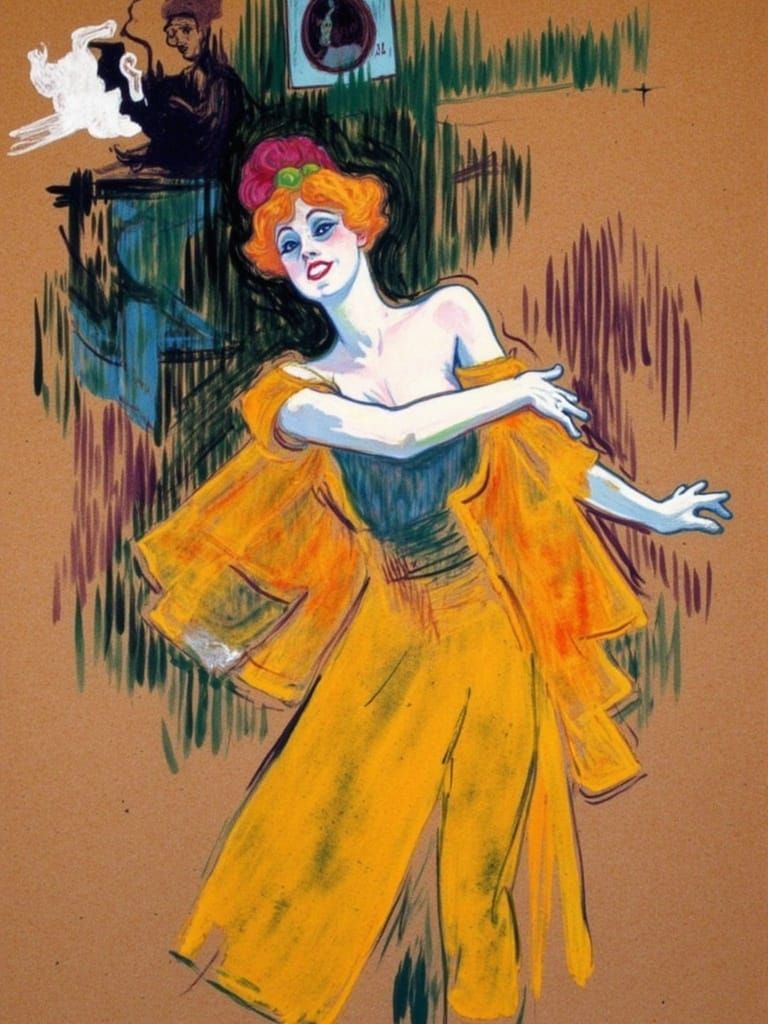 An unfinished sketch in the style of <lora:toulouse-Lautrec:1.0> done is oil pastel on brown paper of a dancer at moulin rouge