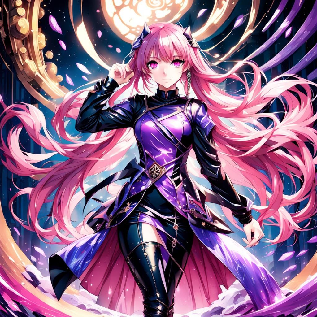 Anime woman, curvy body, pink long hair, purple eyes, latex dress,  beautiful, pretty, fantasy, - AI Generated Artwork - NightCafe Creator