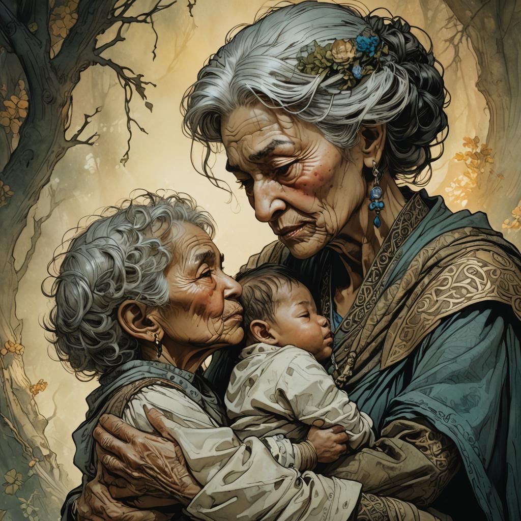 the little baby is comforted by his grandmother, by Posuka D...
