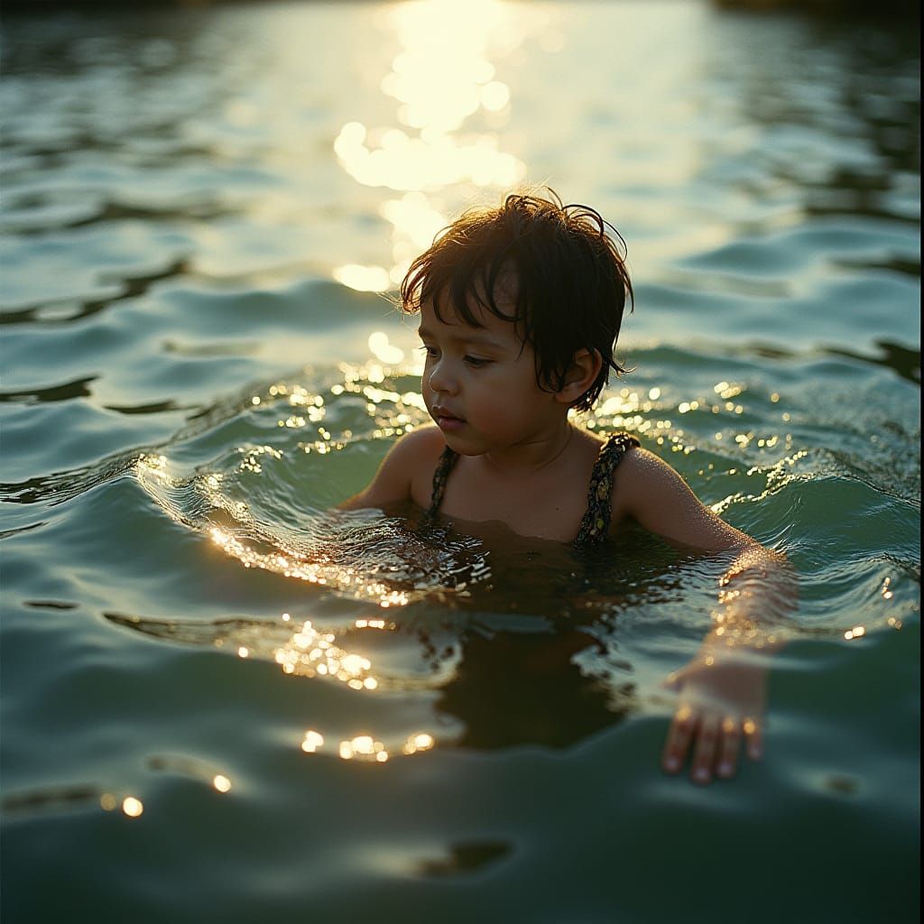 Child Swims in River: Cinematic Film Still