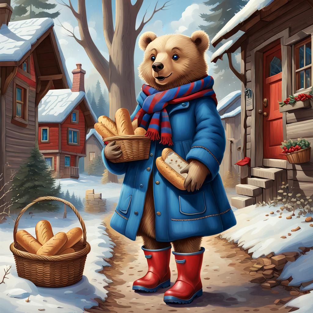 a cheerful and cute adorable lady bear dressed in a winter c...