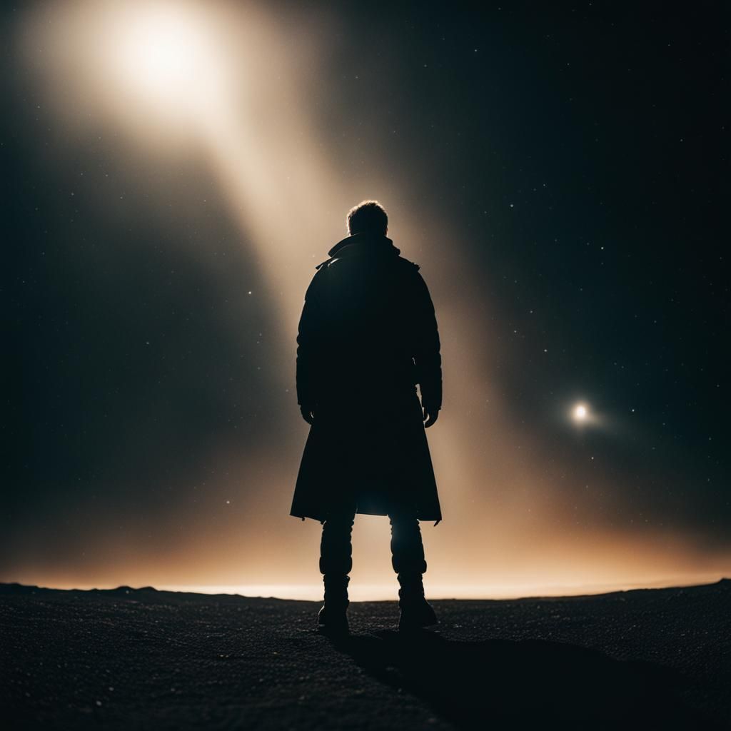 Light being standing in the black void of space with a soul ...