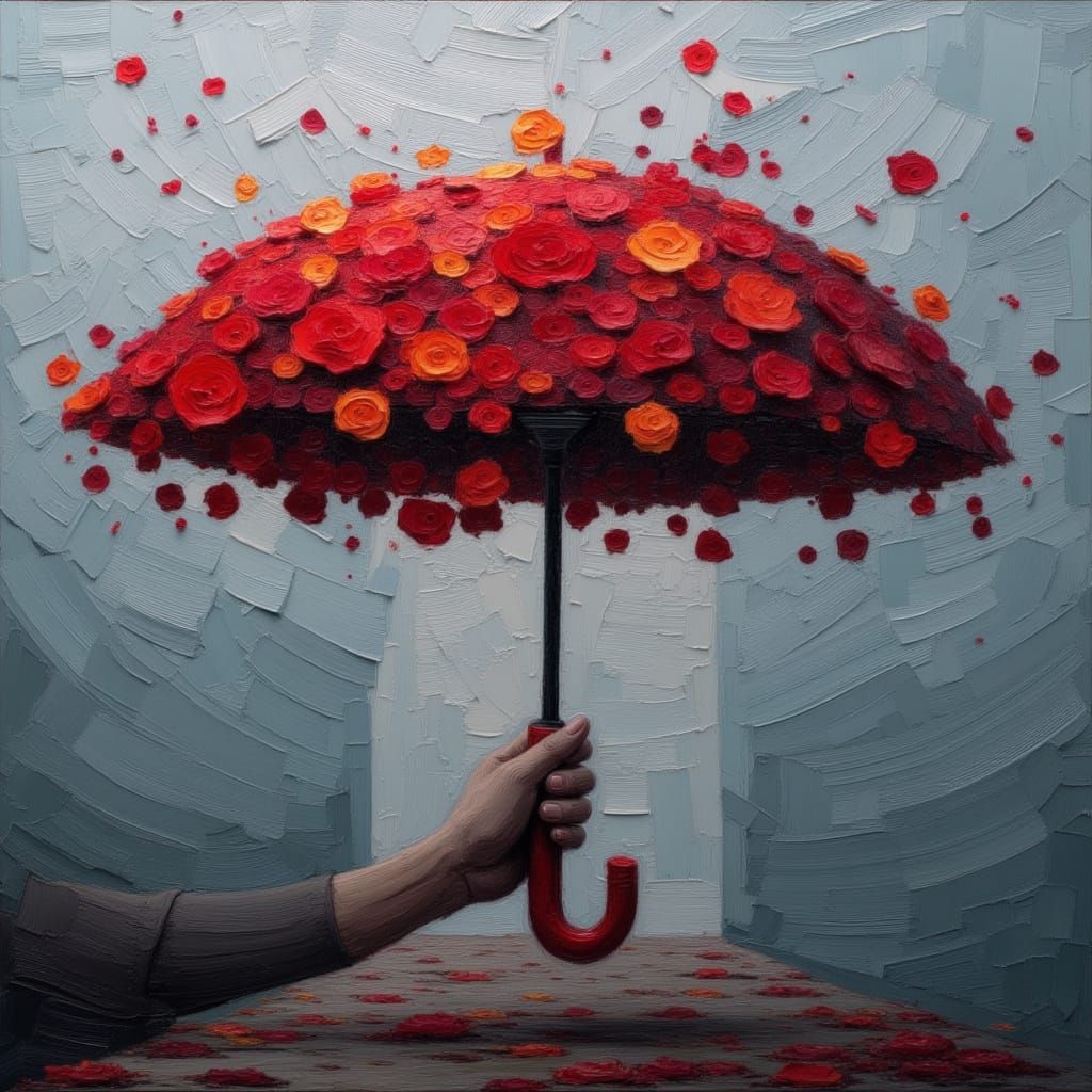 <lora:MJ7 Surreal Painting:1.0> An umbrella blooming with red roses, held by an invisible hand; thick impasto oil paint acrylic brush strok...