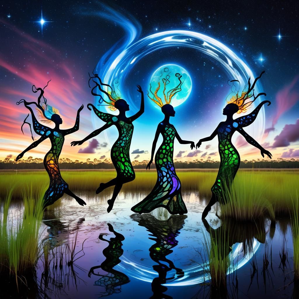 Bio Art Experimentation celestial entities dancing wildly in Florida swampland  by @Wolf Parsnip