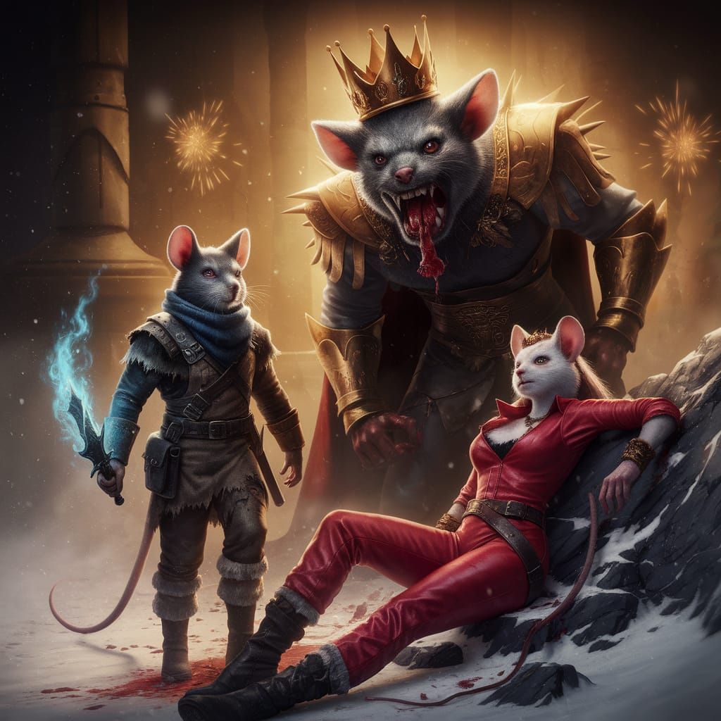 A dark fantasy scene inspired by The Nutcracker. On a snowy New Year's Eve under a full moon, Finn, an anthropomorphic mouse adventurer in a...