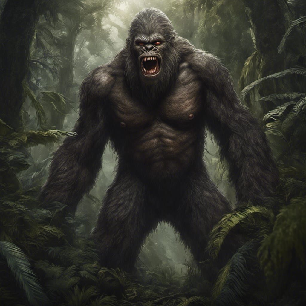 photorealistic portrait, Bigfoot with human eyes, long sharp teeth in ...