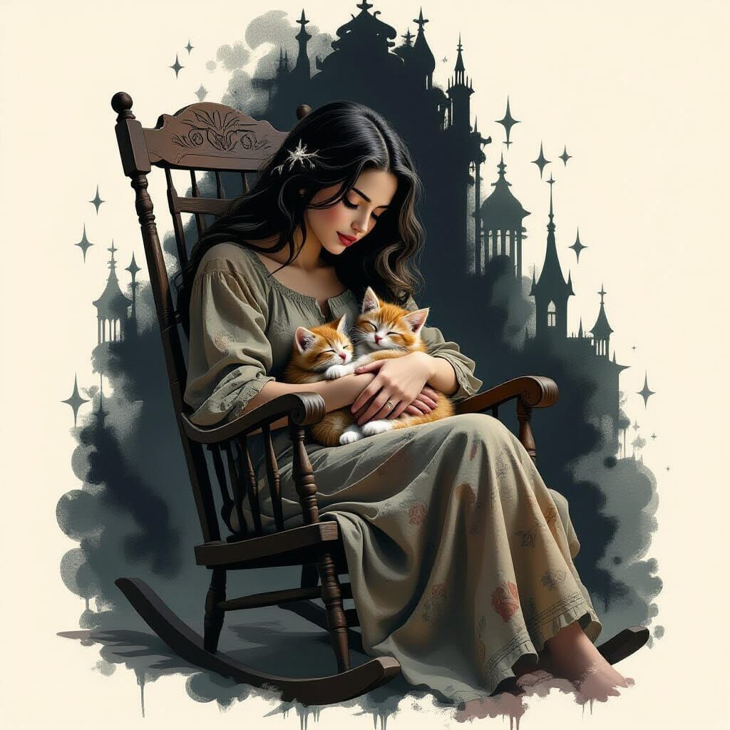woman in a rocking chair cradling a sleeping kitten  by @undefined