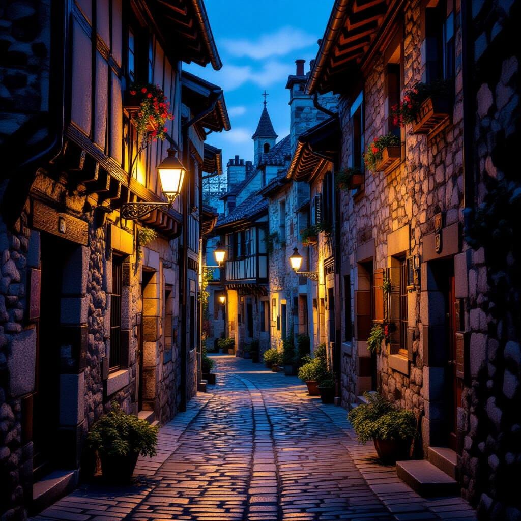 Narrow medieval alleyways lit by lanterns set in London  by @Anonymous Dinosaur