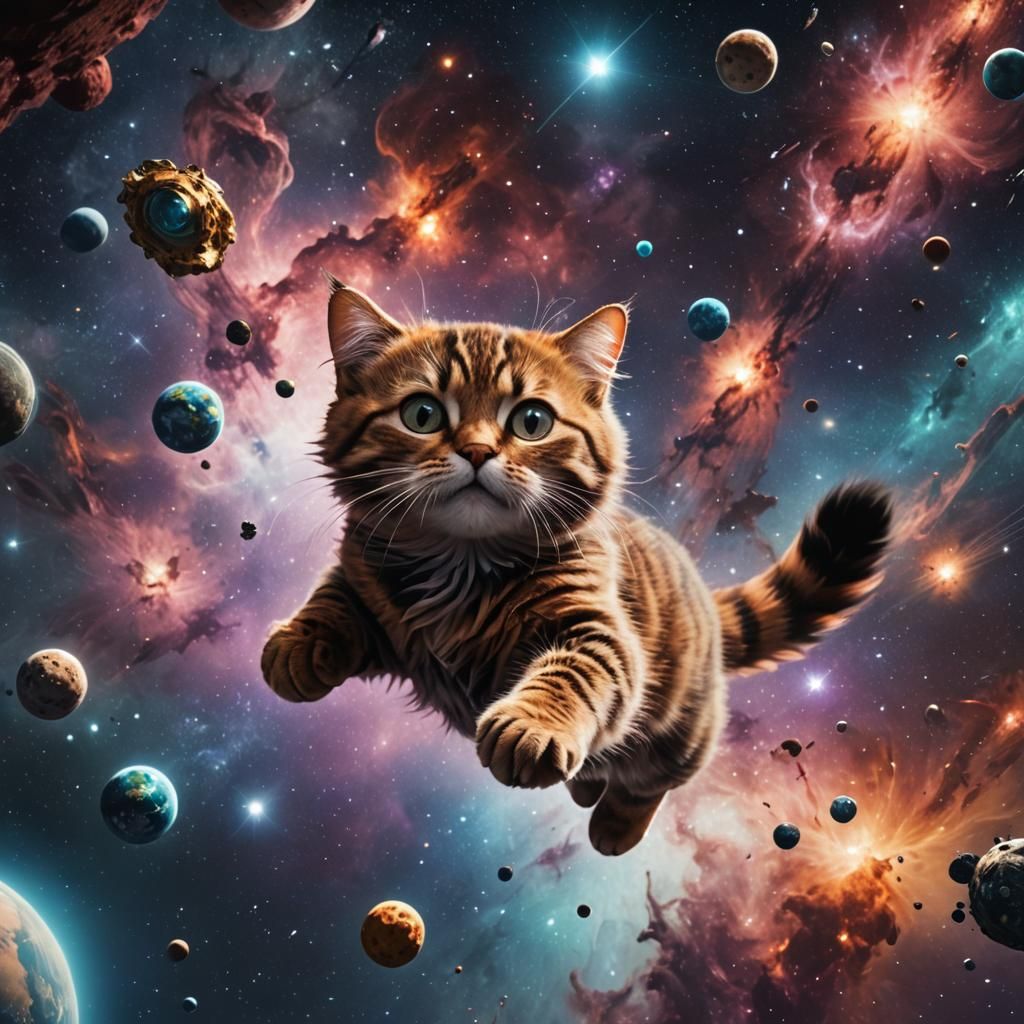 A cat floating in space  by @Bob