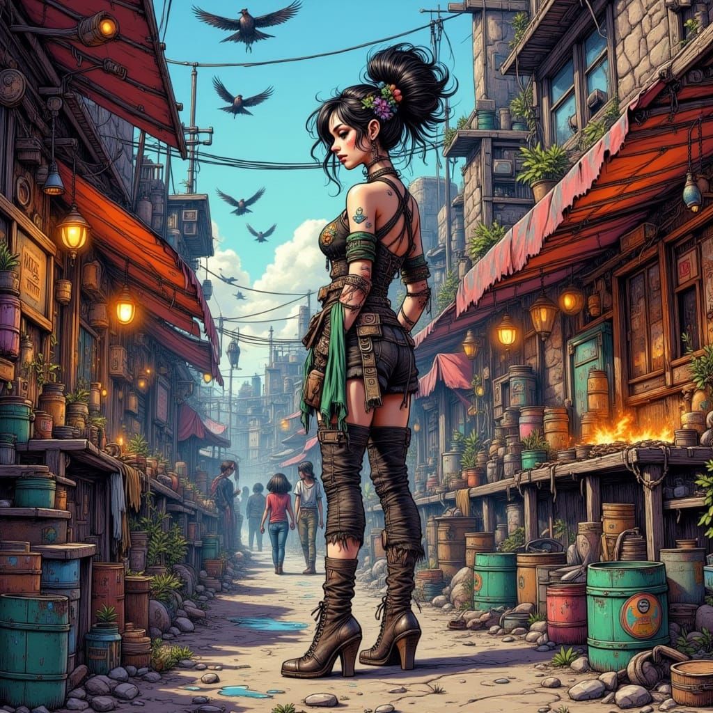 Post-Apocalyptic Marketplace with Cyberpunk Flair