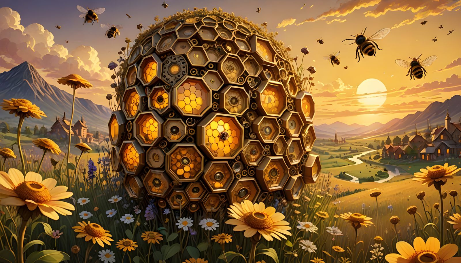 A fantastical cityscape made entirely of honeycomb structures, each cell serving as a tiny home for steampunk ...  by @michaeldrew