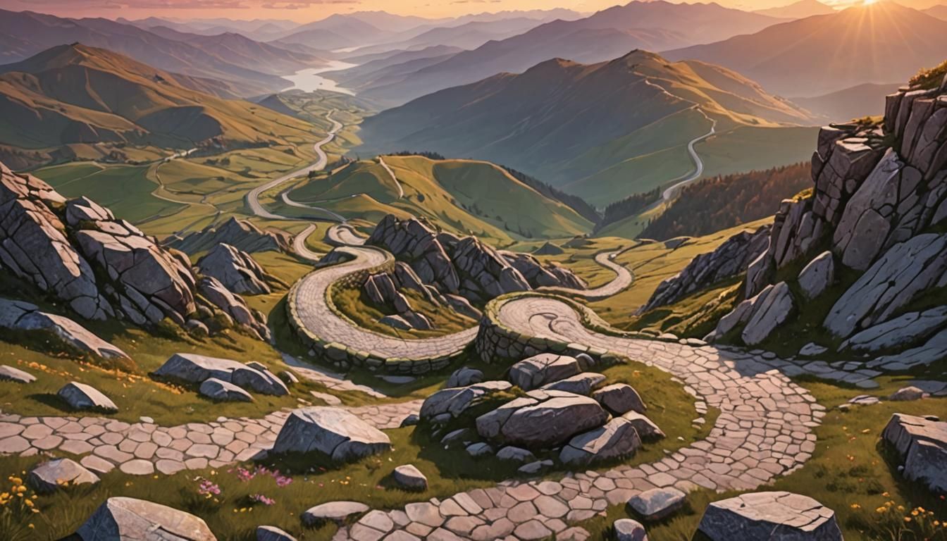 Serpent road in the mountains, sunset, spring stone