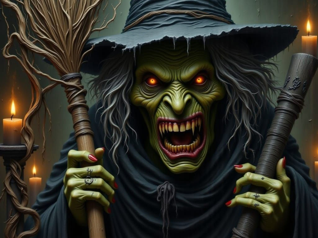 <lora:Wicked Witch:1.0> A withered, gnarled crone with a desiccated, apple-like visage, distorted by age and malice, sporting a wicked, sadi...