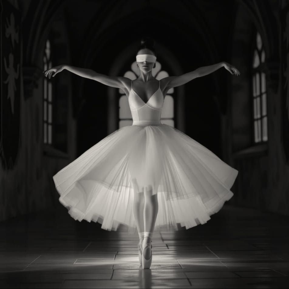 Black and white photograph of a blindfolded ballerina in white outfit dancing in a castle in the middle of the night 
