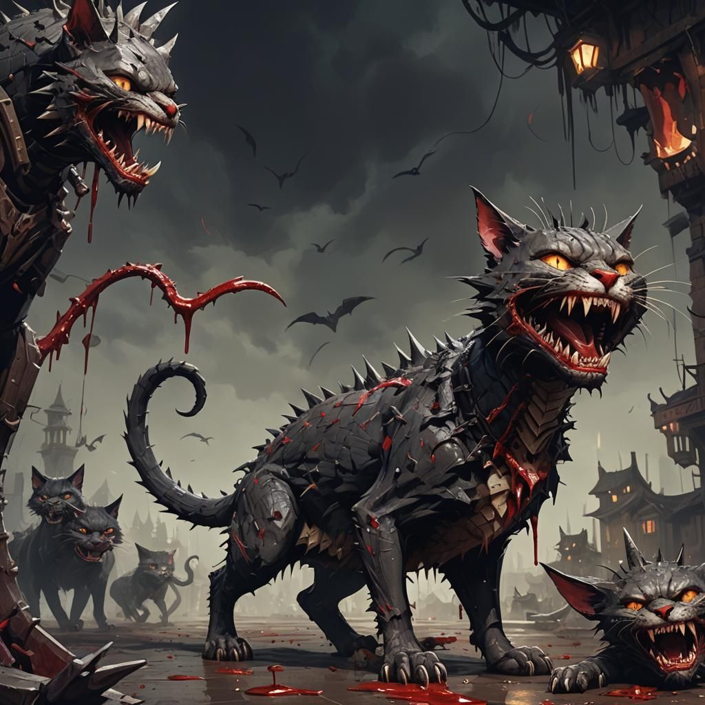 A pixel creepy cat with a crooked sharp-toothed smile, blood...