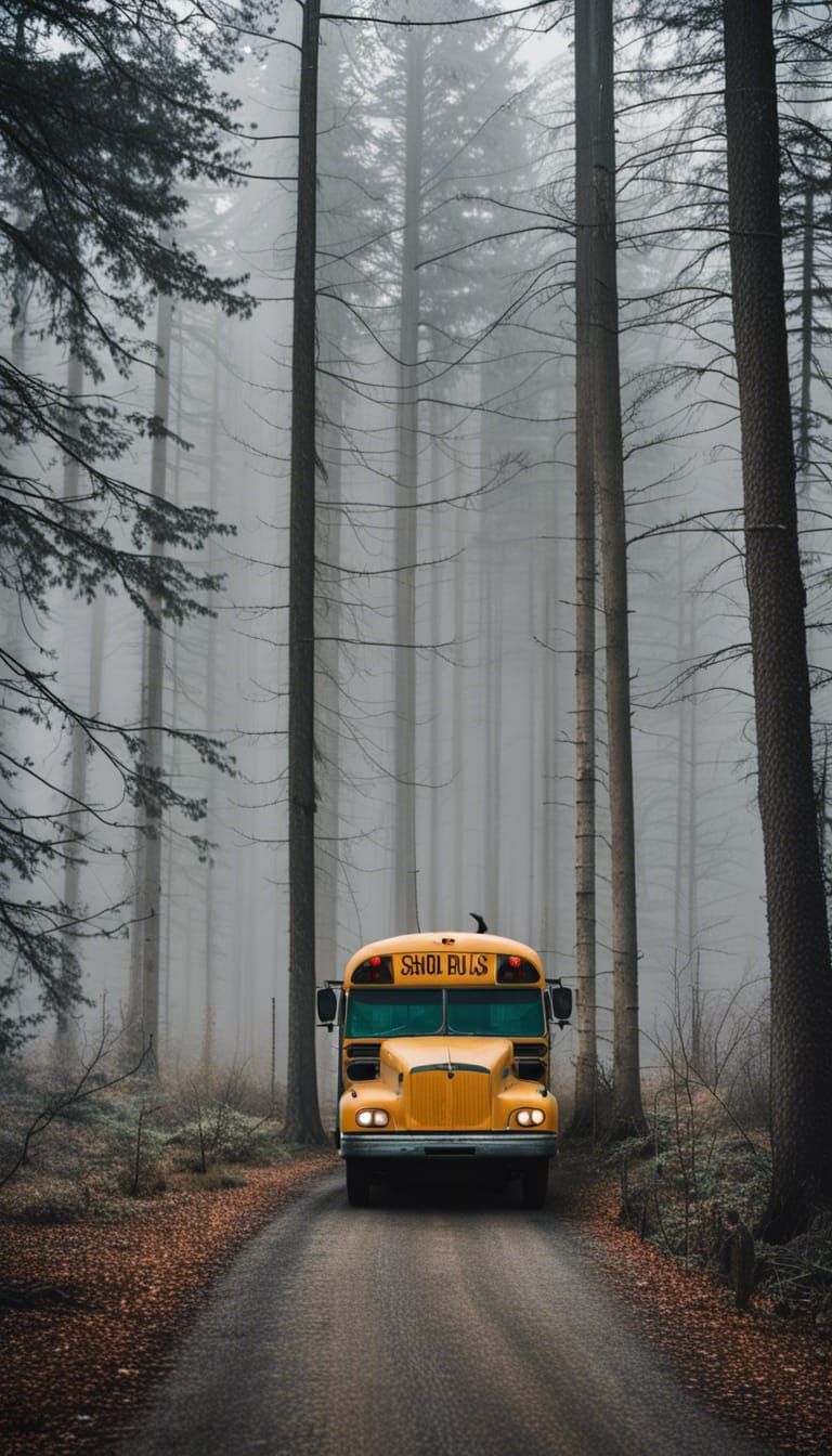 Abandoned school bus in the middle of a foggy forest