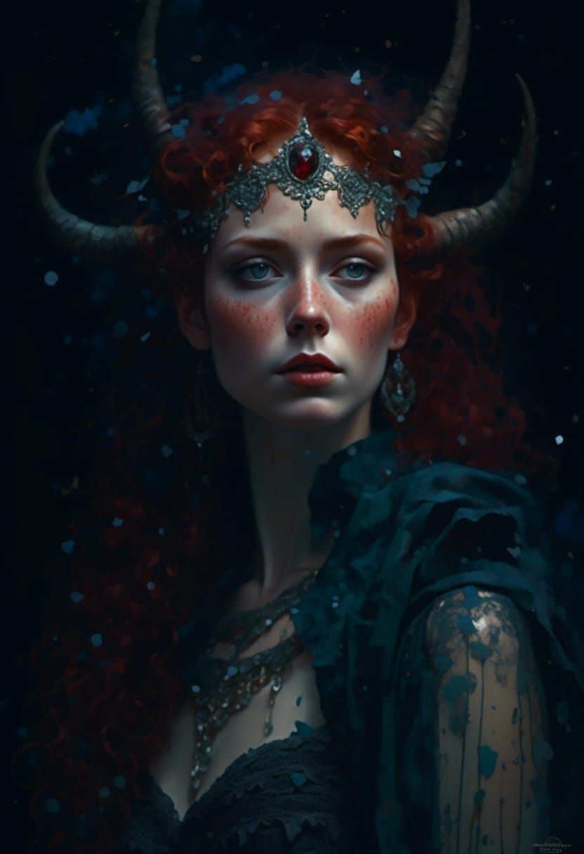 <lora:Soft:1.0> Gorgeous curly red headed horned goddess, ho...