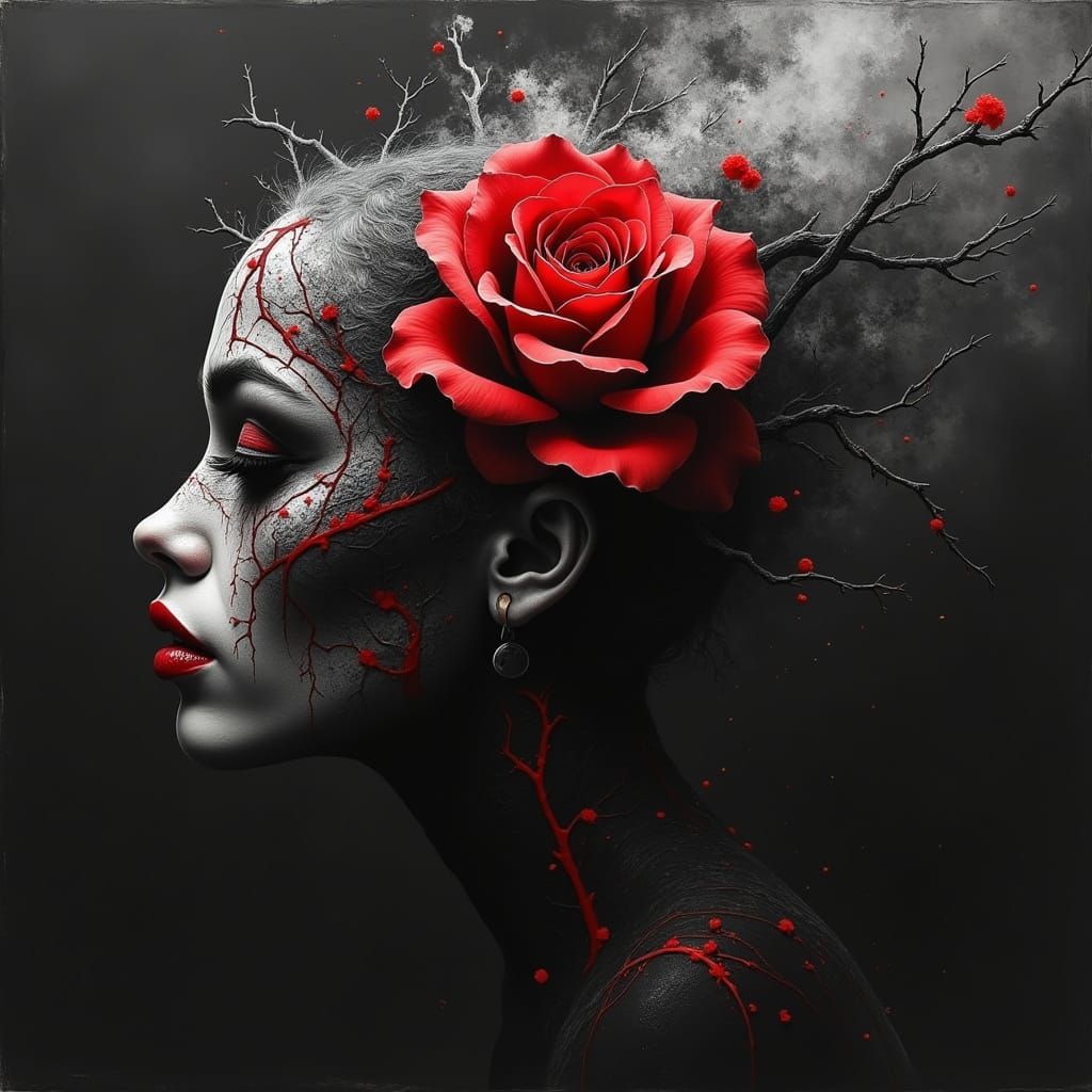  Charcoal, ink, grey and red , in the style of a really edgy artist. black background, grey shading (Lomographic:1.4) (Deprivation Ambush:0....