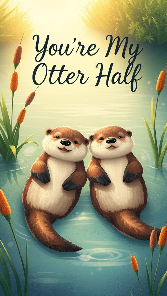 Colorful Digital art image of two cute otters floating on th...
