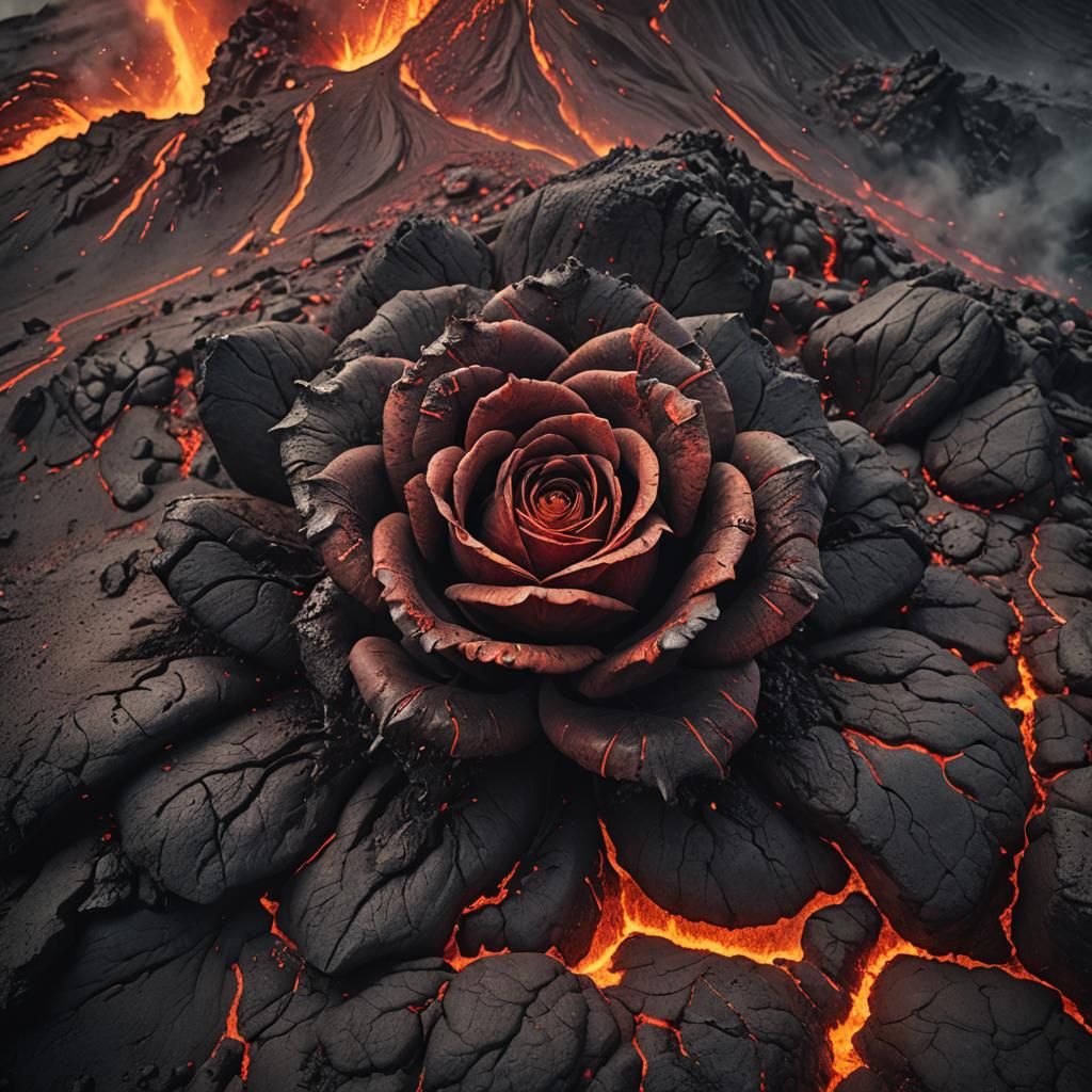 closeup of volcano erupting with lava in the shape of a rose