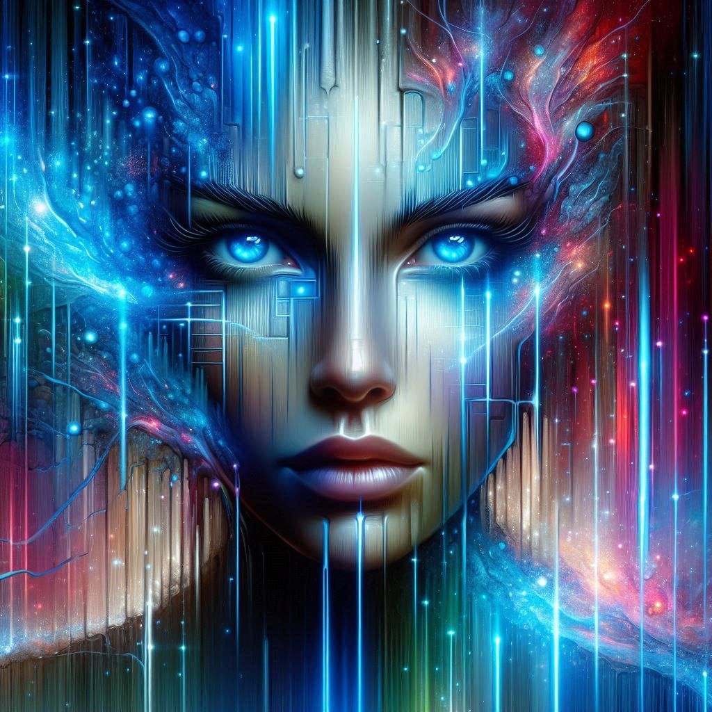 A woman with glowing blue eyes