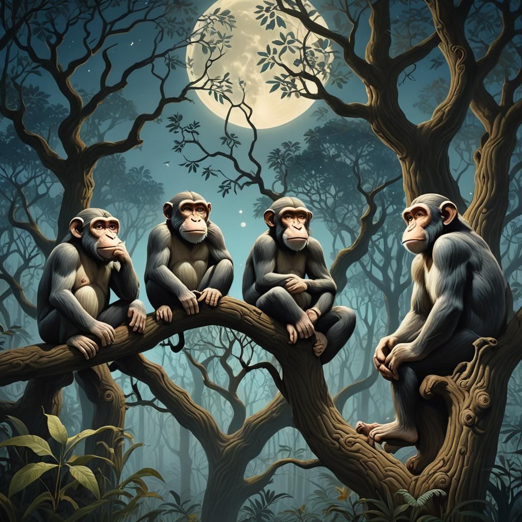 Three Wise Monkeys in Mystical Forest