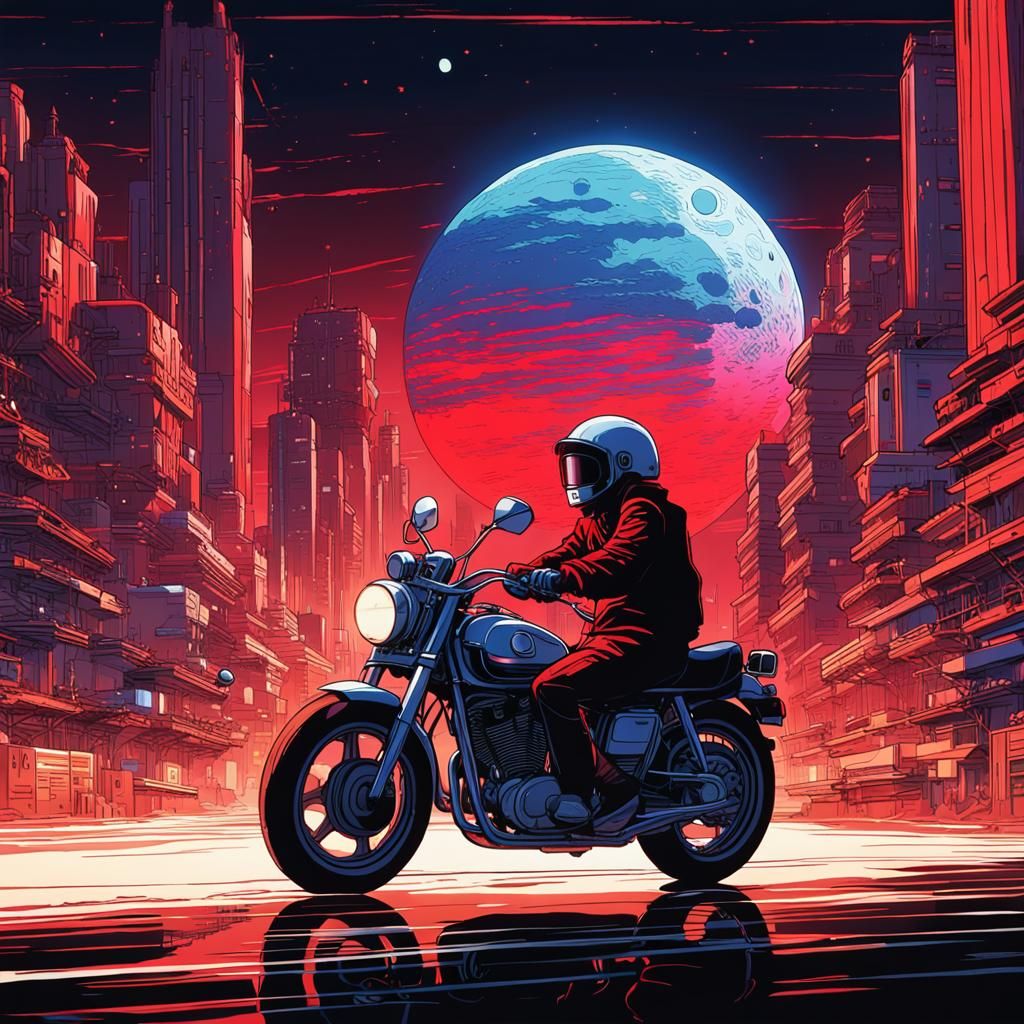 motorcycle hero rides in city, A red Death star in sky looki...