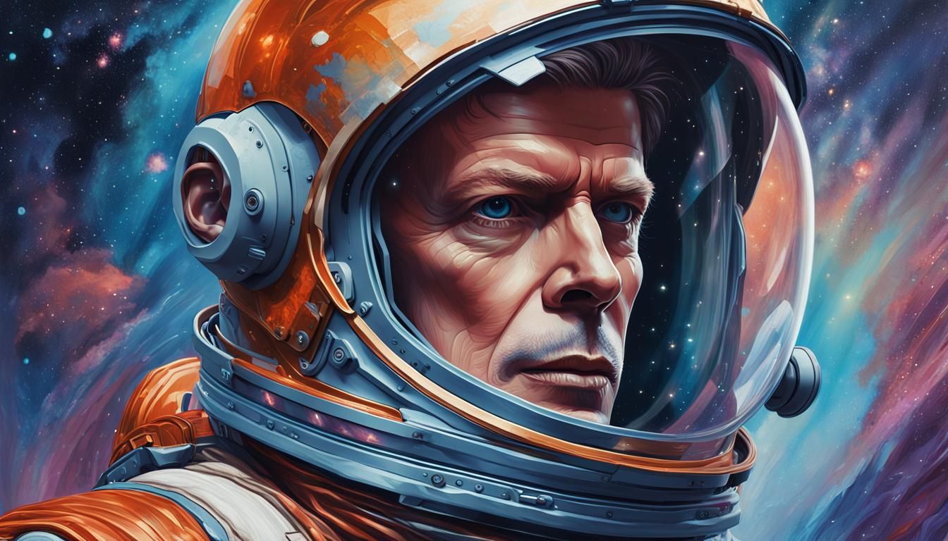 david bowie wearing astronaut suit see thru helmet, detailed...
