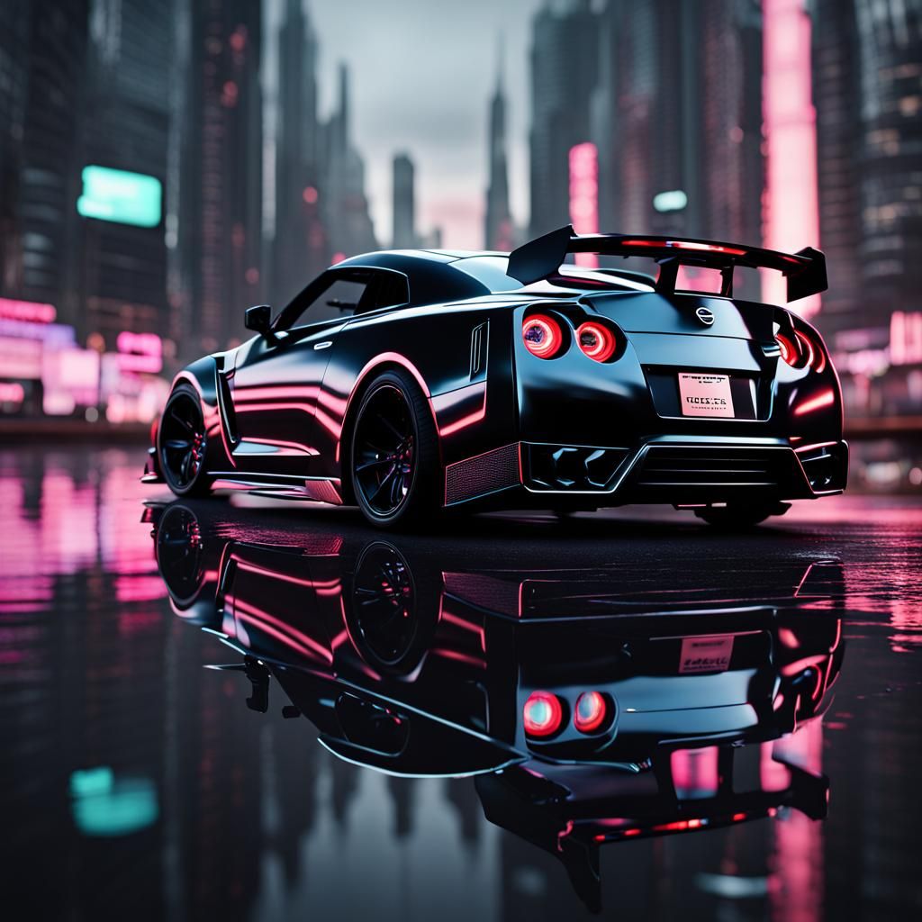 Matt black Nissan gtr35 dark neon futuristic city reflection...