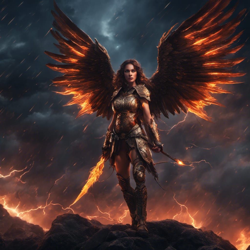 Beautiful winged fire warrior women in a dark night sky with lightning ...