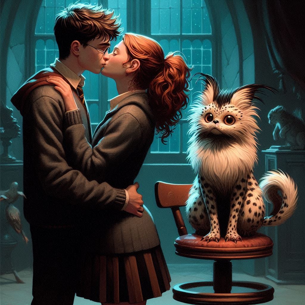 Kiss (Harry and Ginny) and a Kneazle in the background