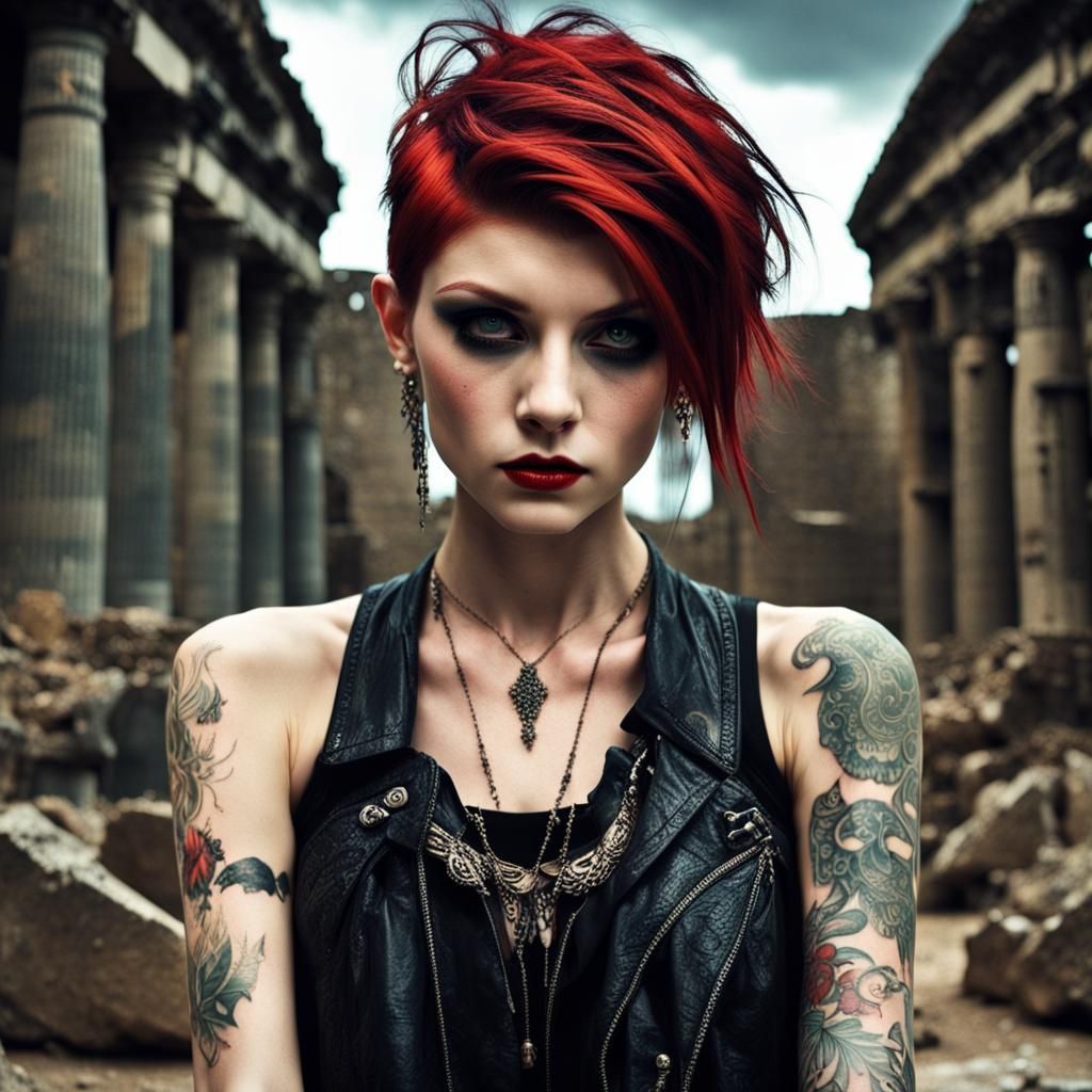 Cartoony goth girl short black hair with red eyes, tattoos