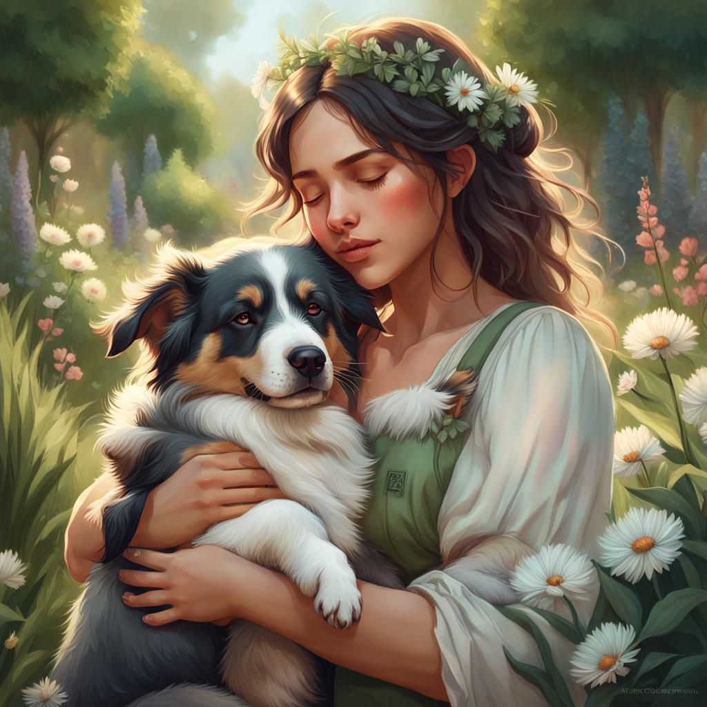 A small rustic girl hugging her fluffy Australian Shepard pu...