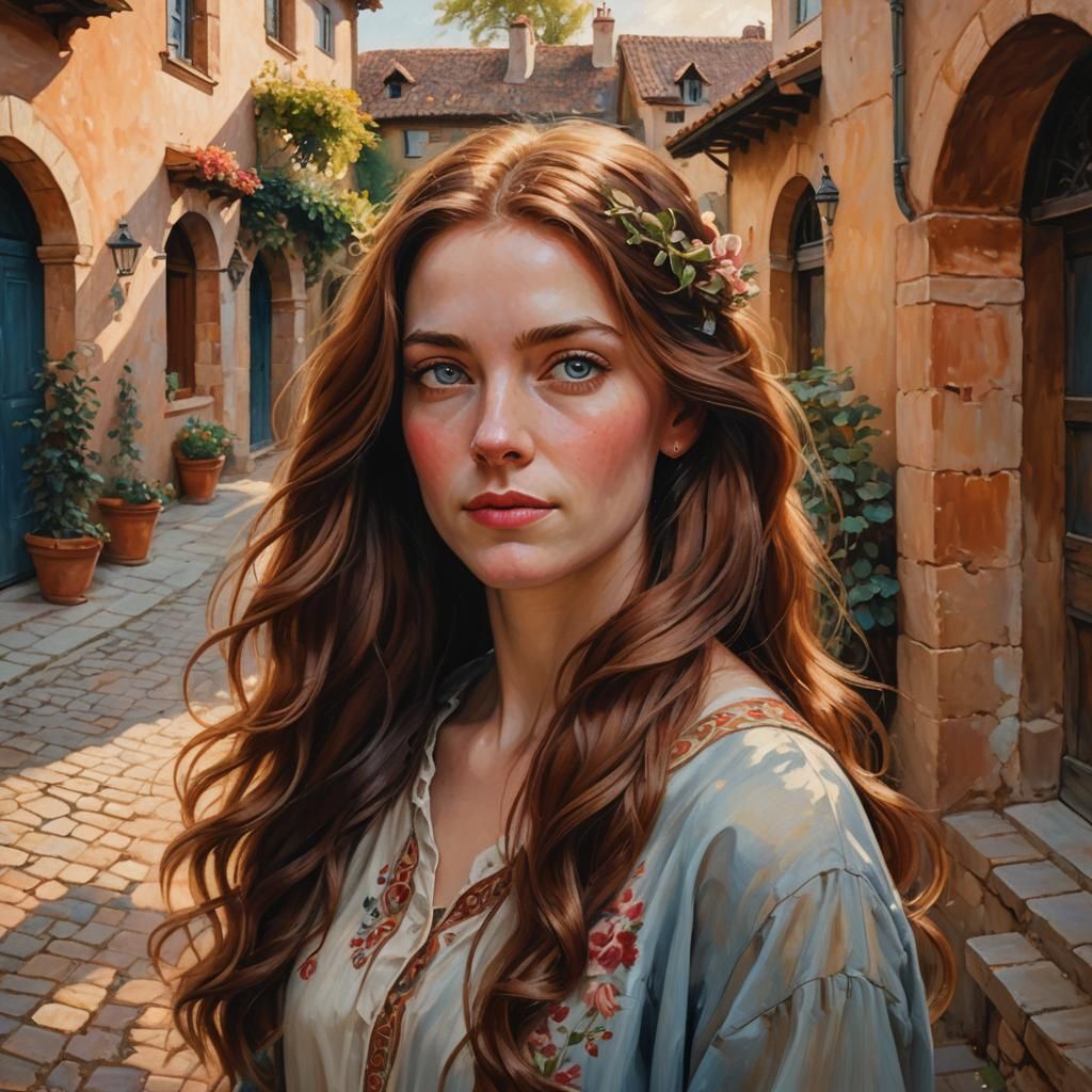 Baroque Portrait: Woman in Sunlit Courtyard