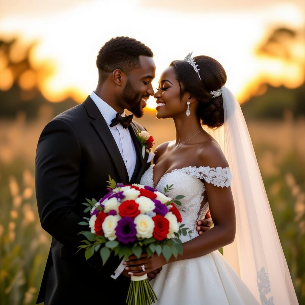 A Nigerian Igbo couple dressed up with white wedding dresses and husband with suit up and down, holding their selves kissing with flower on ...