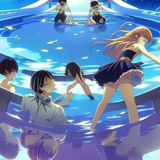 swimming pool, reflections, ornate, by artist "anime", Anime...