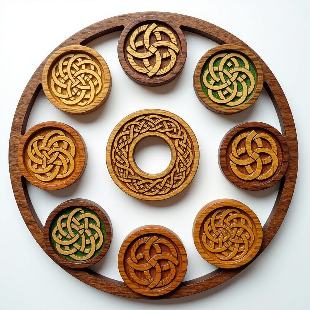 Top down view Individual board game elements circular ring tokens hollow middle, Celtic theme