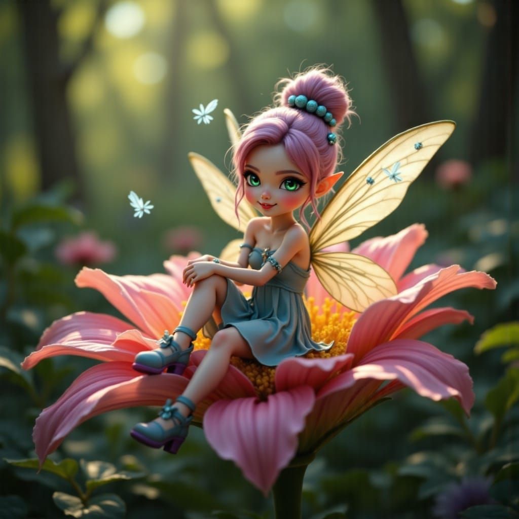 A fairy sitting on a flower <lora:Fairy:1.0> 64 megapixels 8K resolution DSLR HDR long exposure twilight
