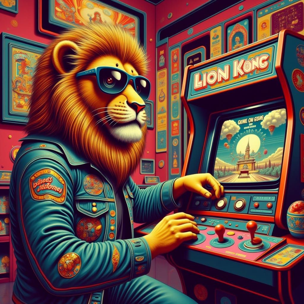 <lora:Limutopia:1.0>
A lion wearing a graphic t-shirt, jeans jacket, and sunglasses, sitting in front of a retro arcade machine with a pixel...