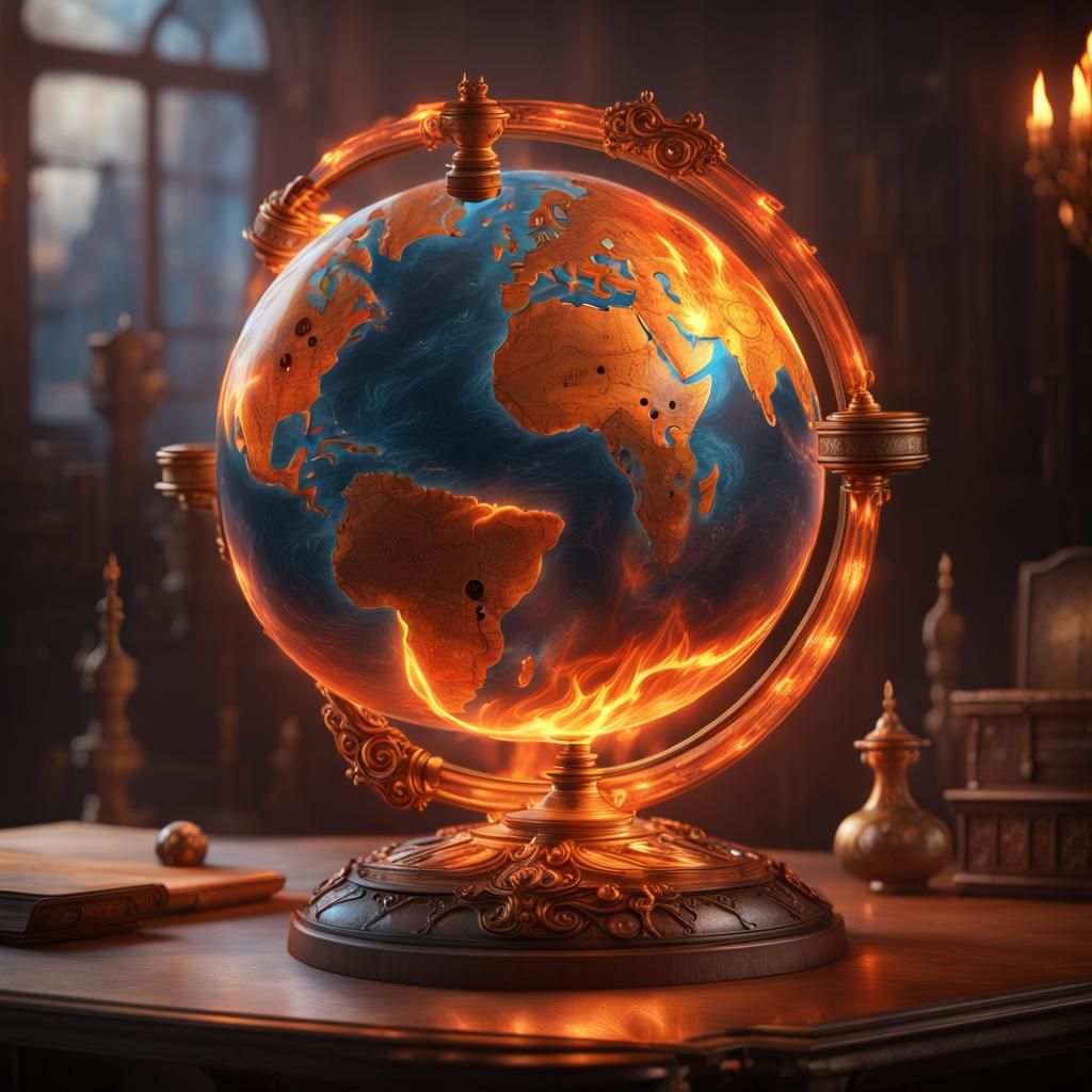 A globe of the world transparent with fire inside it and a t...