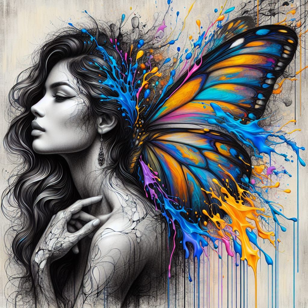 Graceful Woman with Butterfly Wing in Abstract Expressionist...