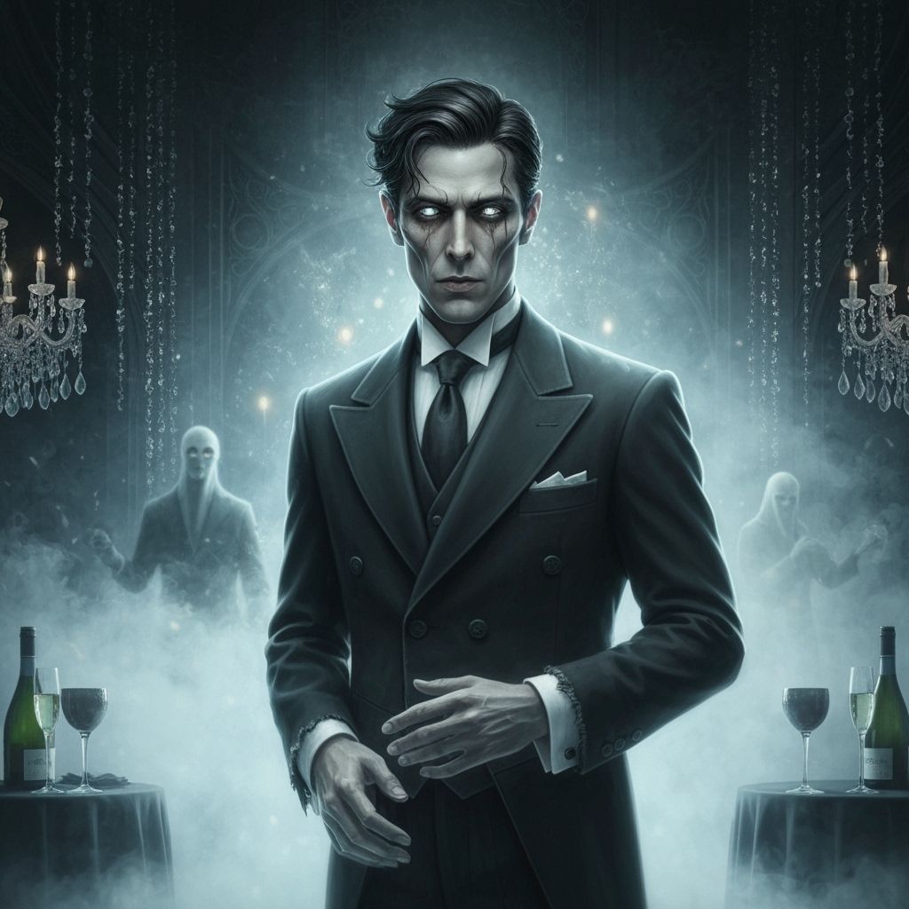 Haunted masquerade ball as the clock strikes midnight. Ghosts of the past year returning to dance one last time. Gothic décor with shimmerin...