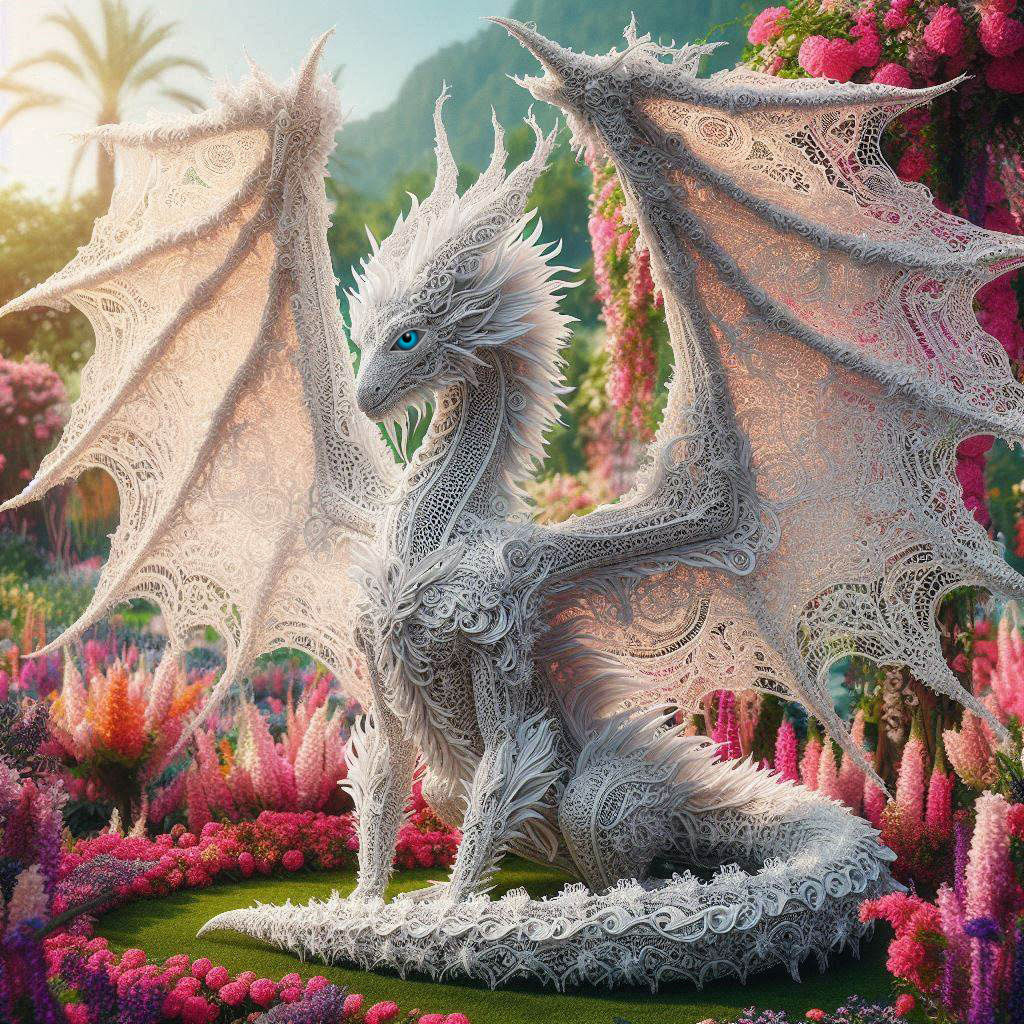 Elegant White Lace Dragon in a flower garden (2)