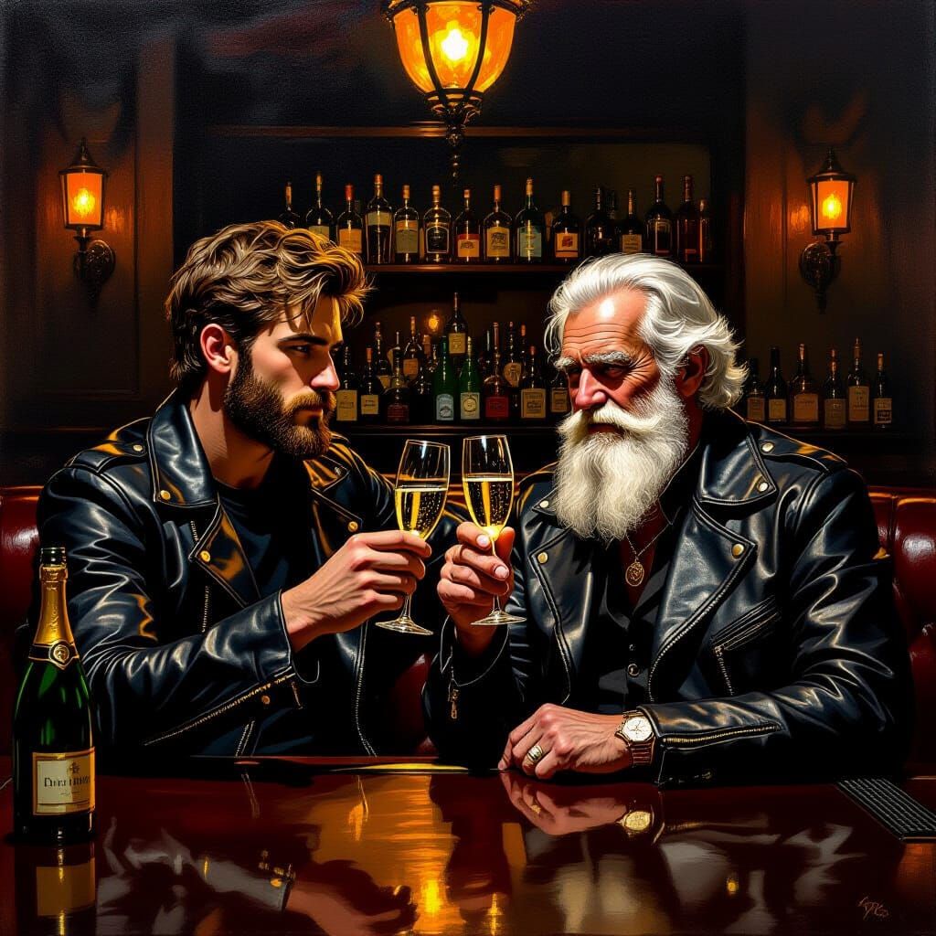 Phororealistic: a young man (25 years) and his 60 year old white bearded, bold, muscular granddad,, both dressed in tight black leather clothes, sitting sid...