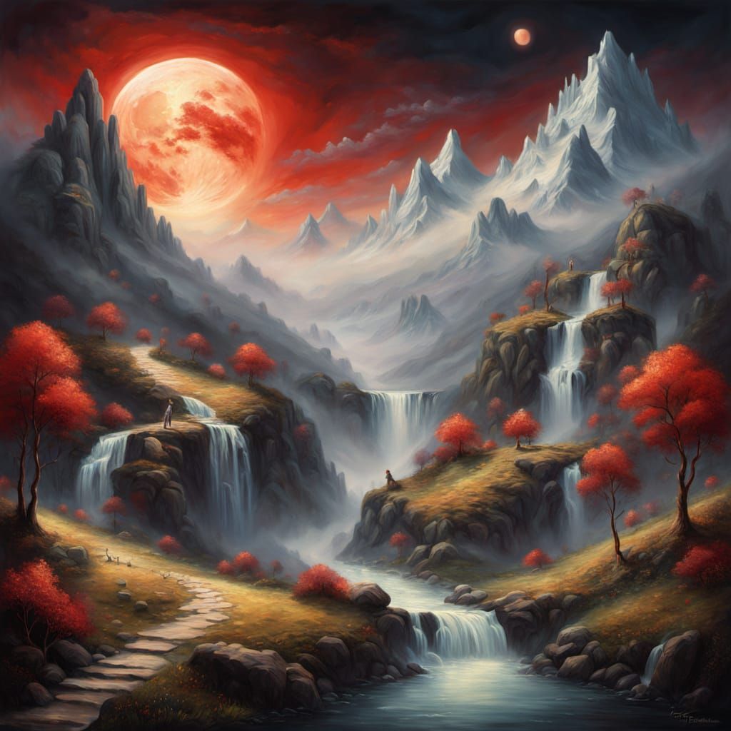 ,mountain range, waterfalls, huge red moon rising over mountain range mountain range, waterfalls, a huge ...  by @Barabashka
