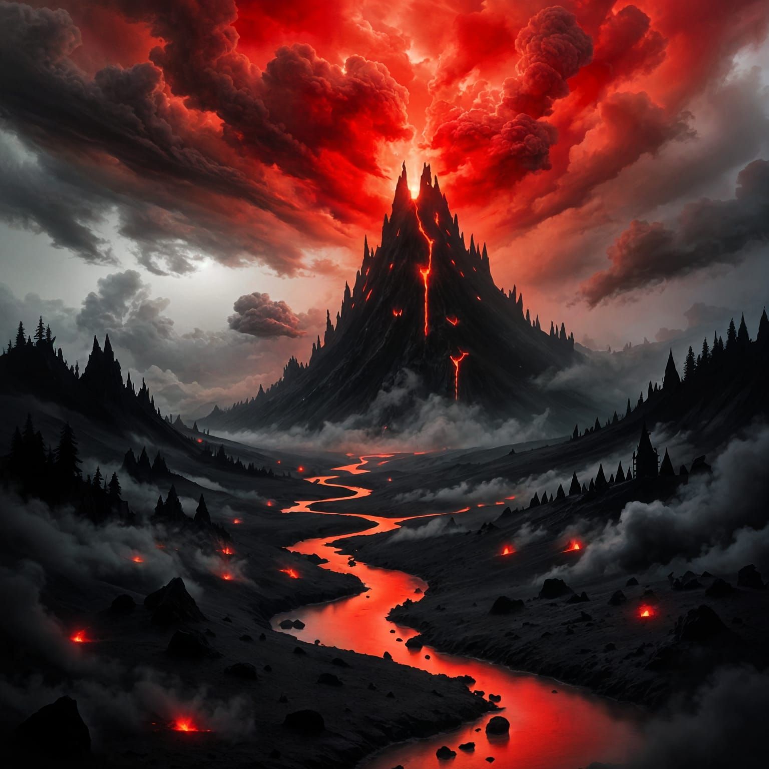 <lora:Landscape Intensity:1.0> Gothic macabre red and black volcano landscape in watercolor painting style, hazy and artistic, epic fantasy...