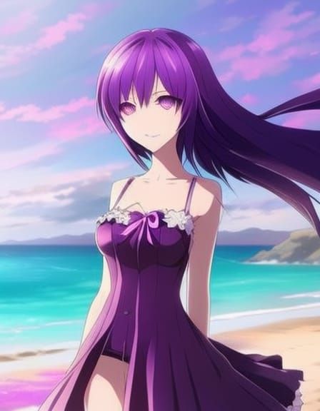 Female at the beach in a ripped purple dress, blue eyes