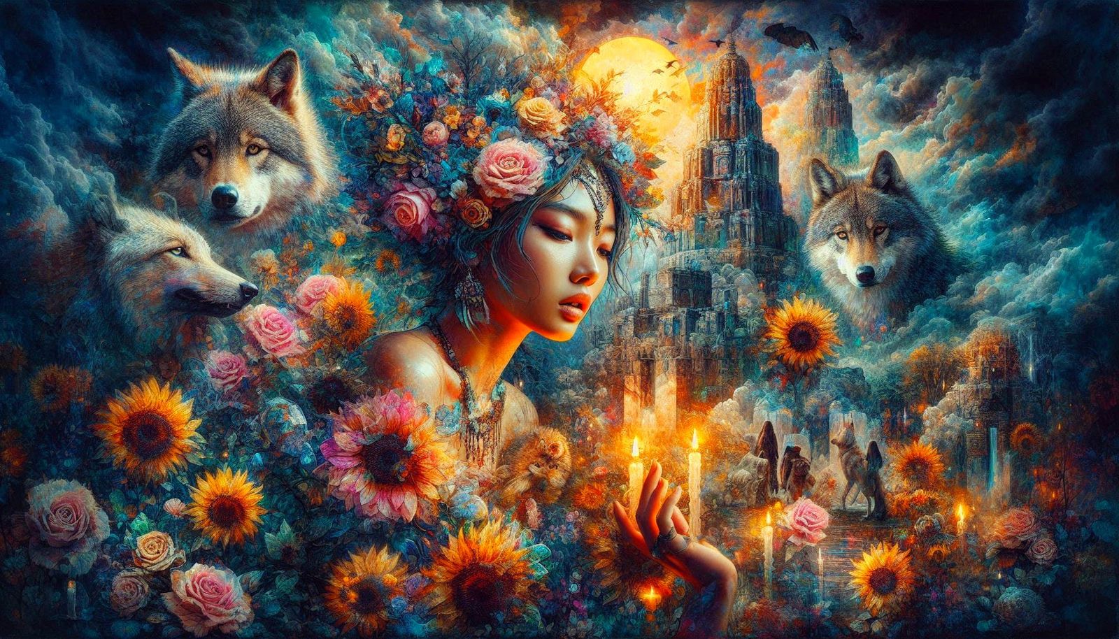 “Moonlit Guardians” 

A queen of twilight, crowned in wildfl...