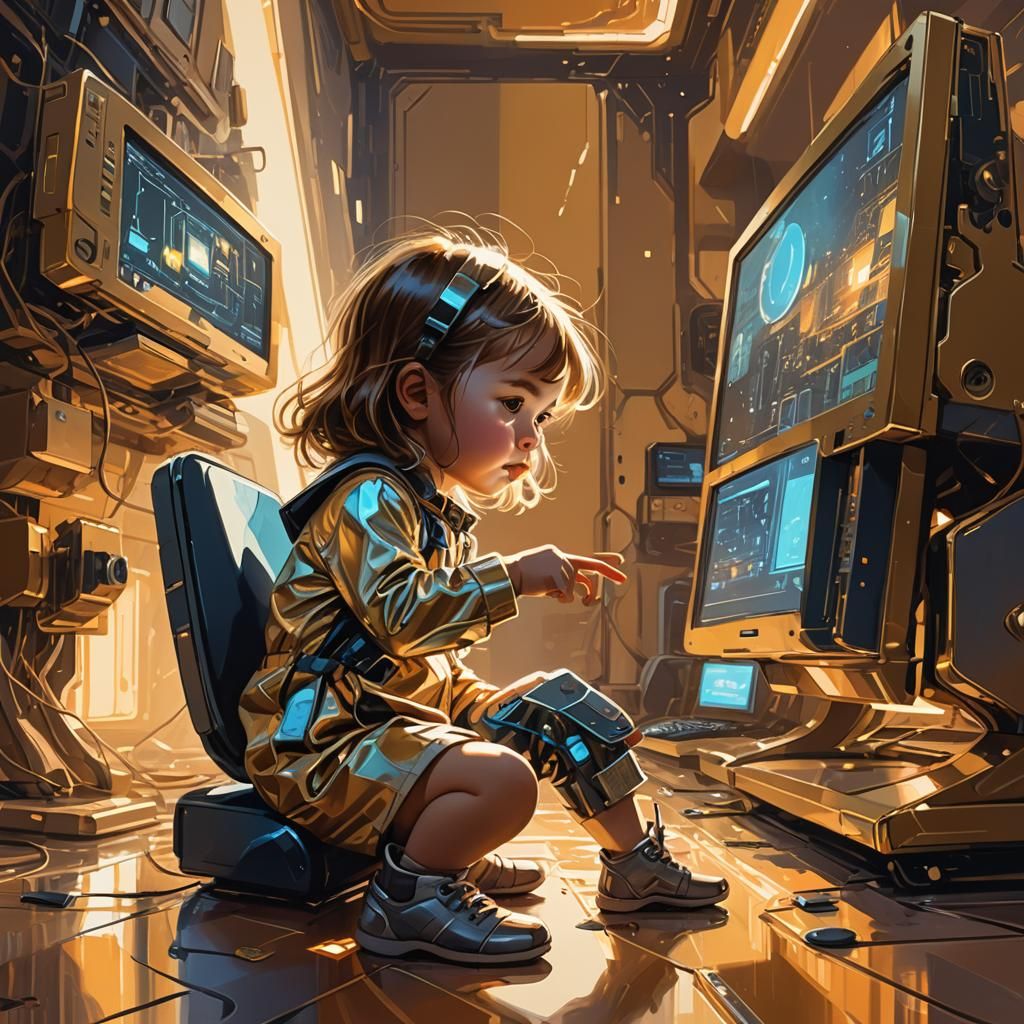 Girl Plays with Computer: Fantasy Art Illustration