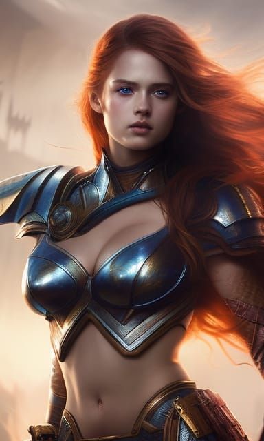 Warrior girl with wavy red hair 4